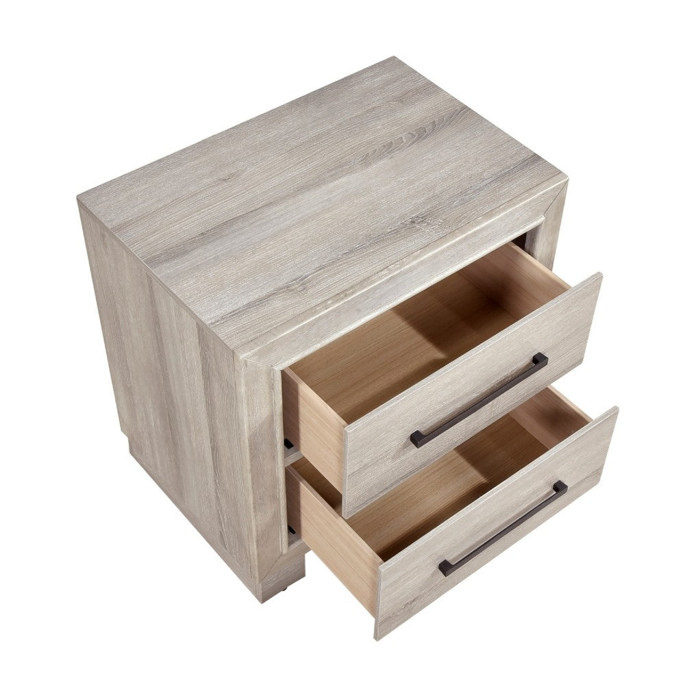 Ely Nightstand | 2 Drawers w Antique Brass Long Handles | Gray