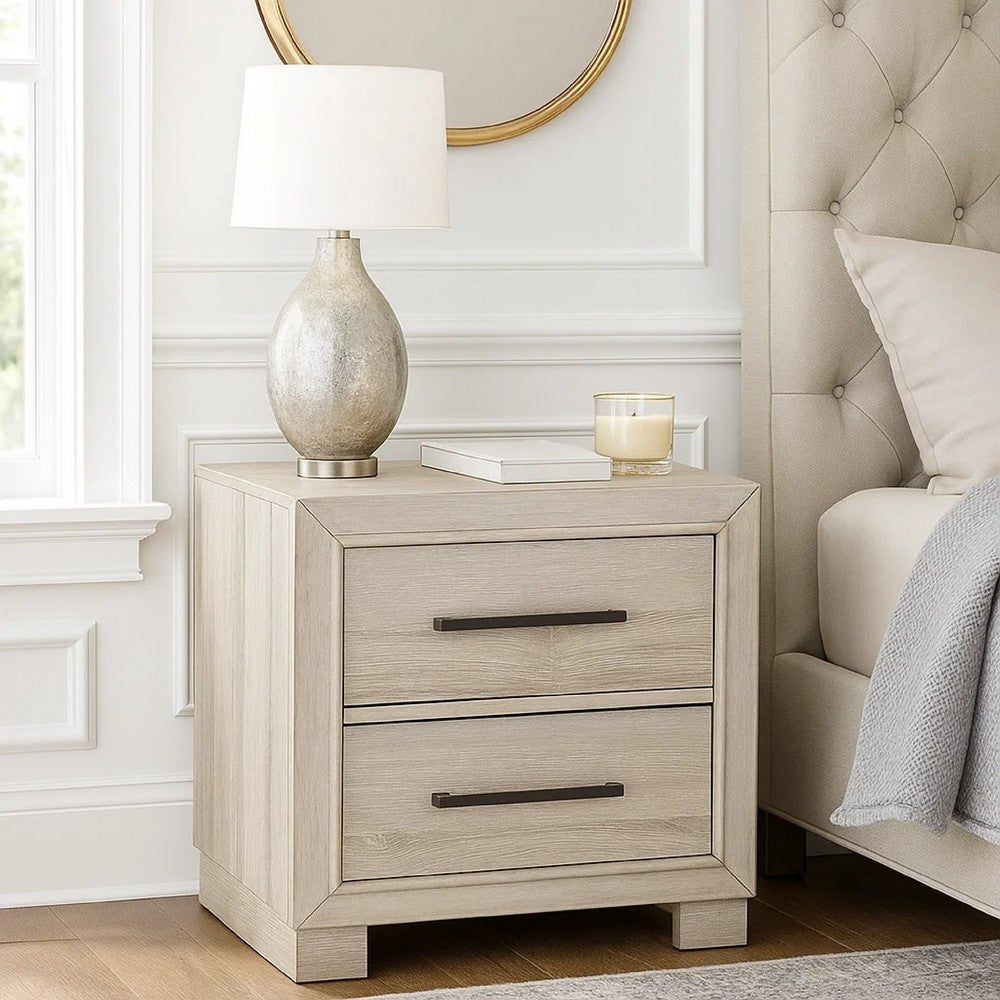 Ely Nightstand | 2 Drawers w Antique Brass Long Handles | Gray