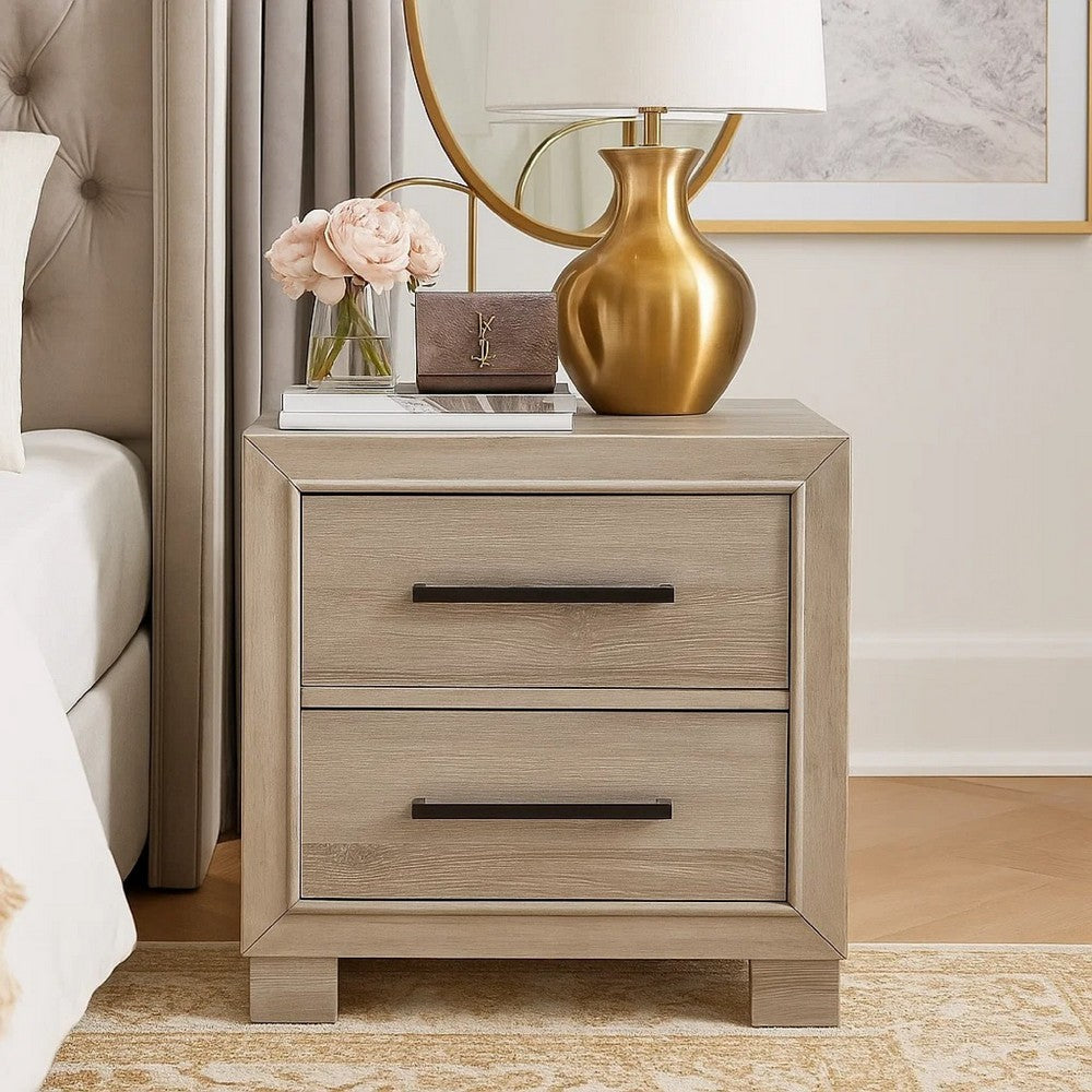 Ely Nightstand | 2 Drawers w Antique Brass Long Handles | Gray