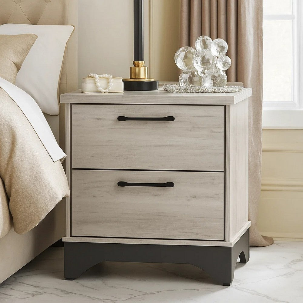 Wly Nightstand | 2 Drawers w Wide Black Handles | White Oak & Gray