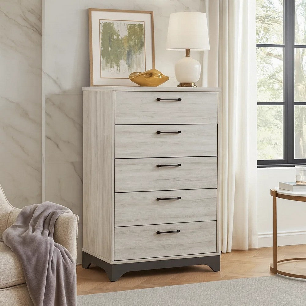 Wly Tall Dresser Chest | 5 Drawers w Black Handles | White Oak & Gray