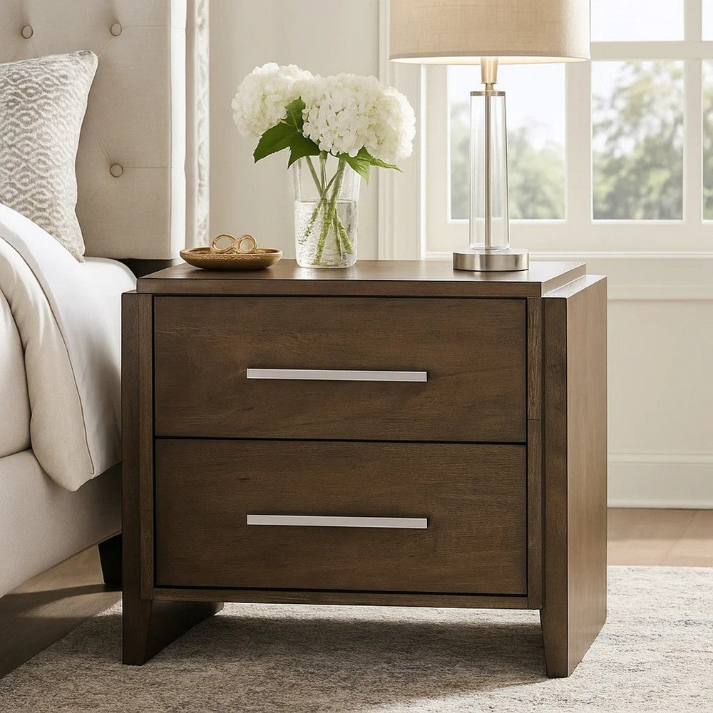 Ema Nightstand | 2 Drawers w Chrome Handles | Dark Walnut Brown
