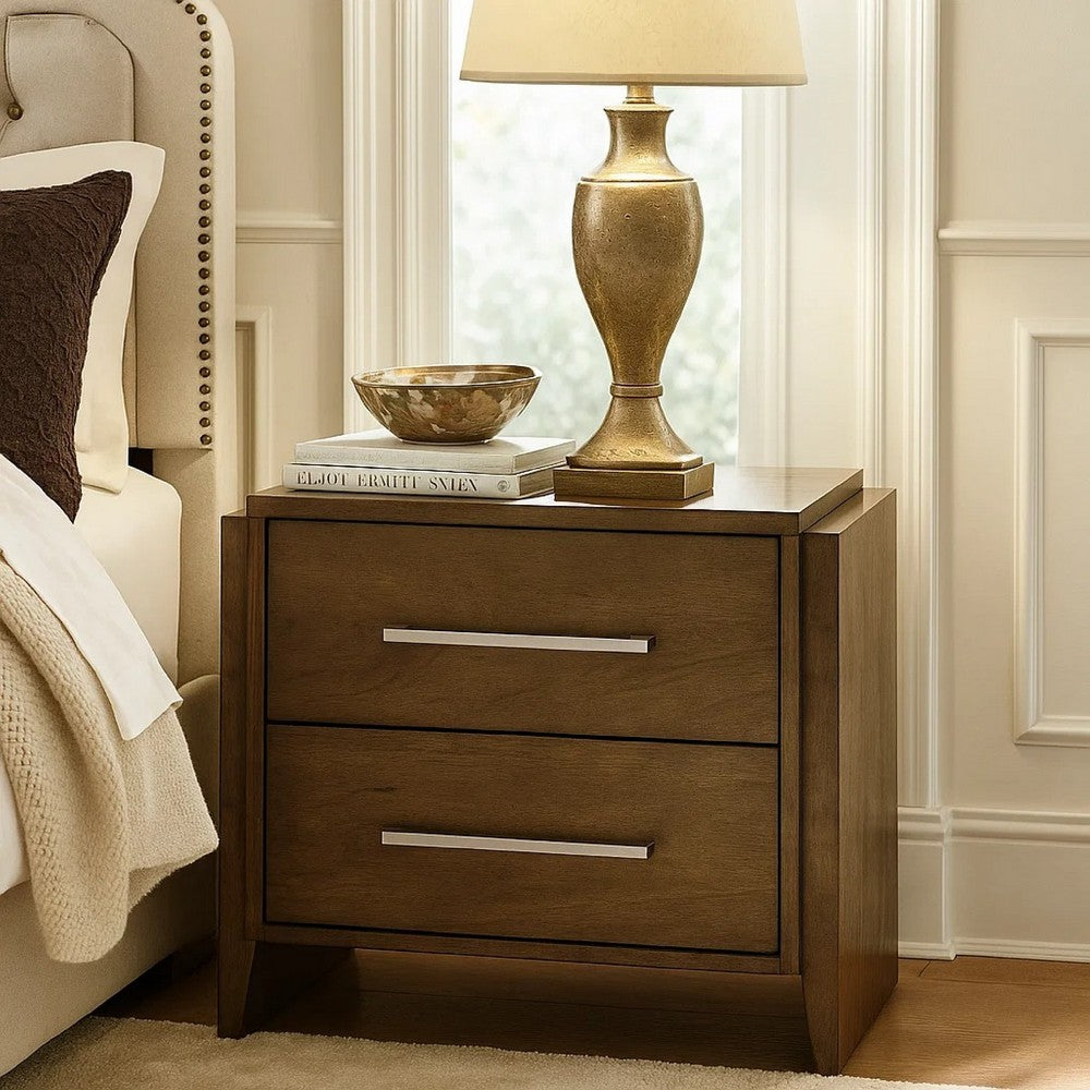 Ema Nightstand | 2 Drawers w Chrome Handles | Dark Walnut Brown