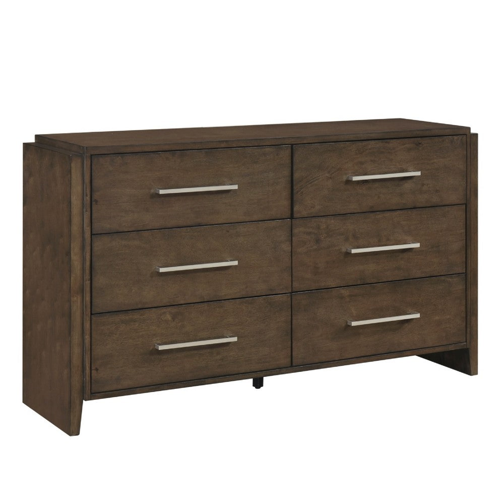 Ema Wide Dresser | 6 Drawers w Chrome Handles | Dark Walnut Brown