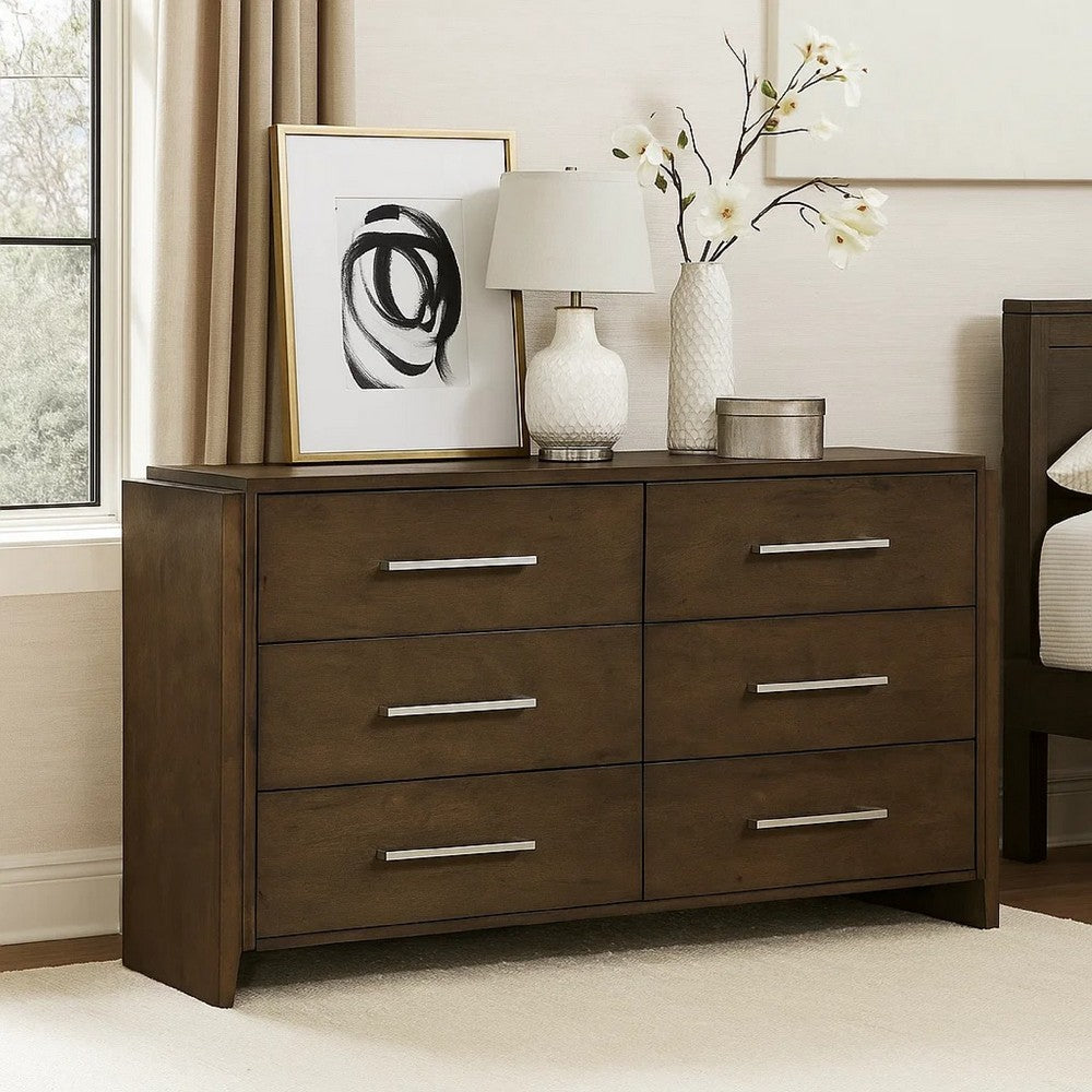 Ema Wide Dresser | 6 Drawers w Chrome Handles | Dark Walnut Brown