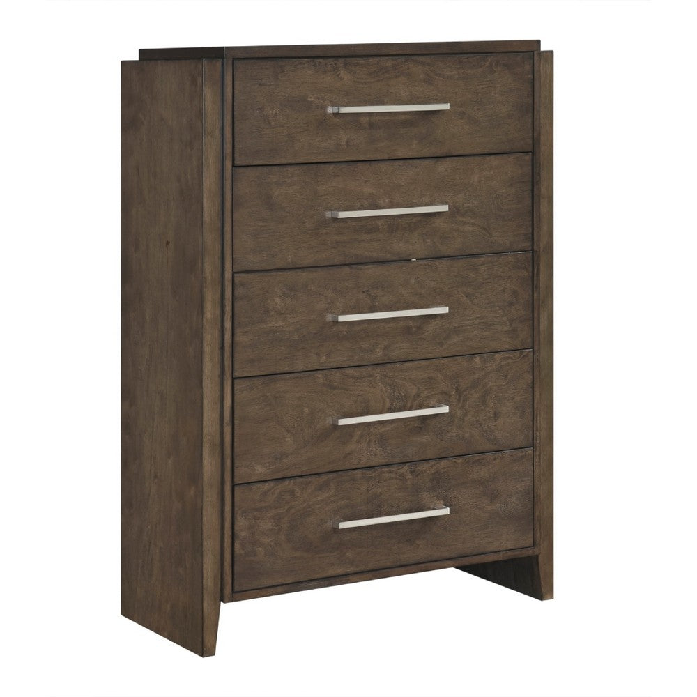 Ema Tall Dresser Chest | 5 Drawers w Chrome Handles | Dark Walnut Brown