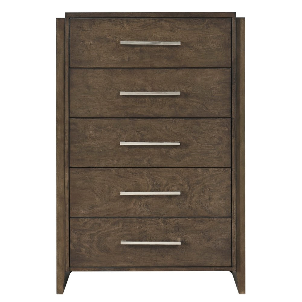 Ema Tall Dresser Chest | 5 Drawers w Chrome Handles | Dark Walnut Brown