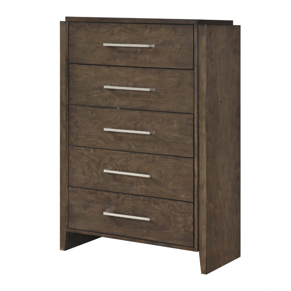 Ema Tall Dresser Chest | 5 Drawers w Chrome Handles | Dark Walnut Brown
