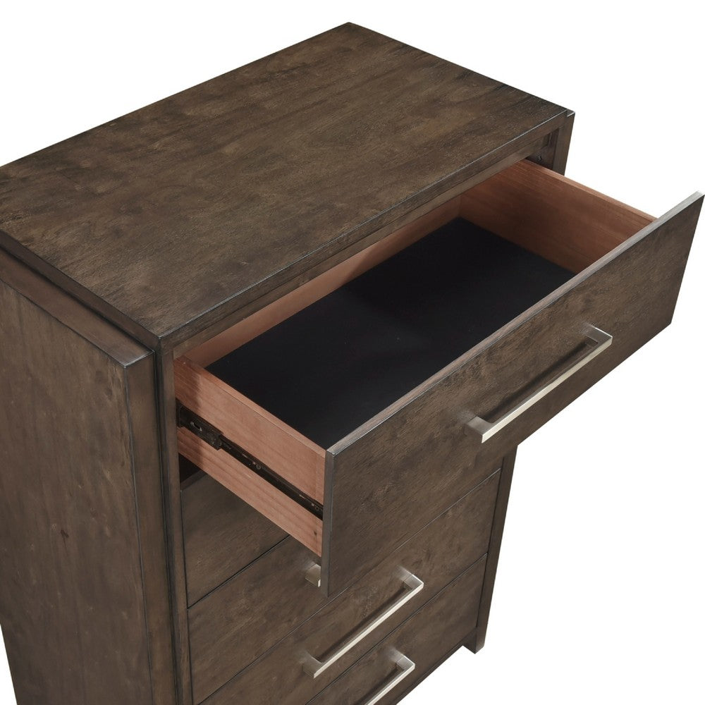 Ema Tall Dresser Chest | 5 Drawers w Chrome Handles | Dark Walnut Brown