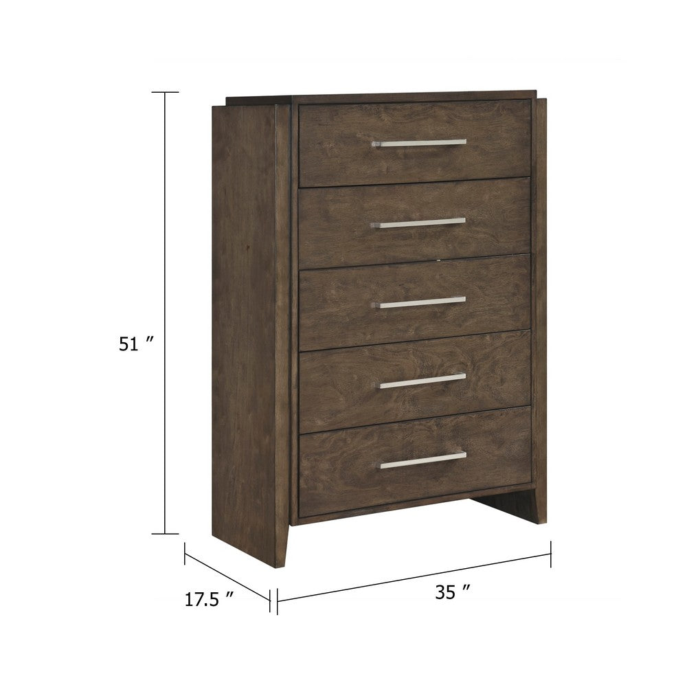 Ema Tall Dresser Chest | 5 Drawers w Chrome Handles | Dark Walnut Brown