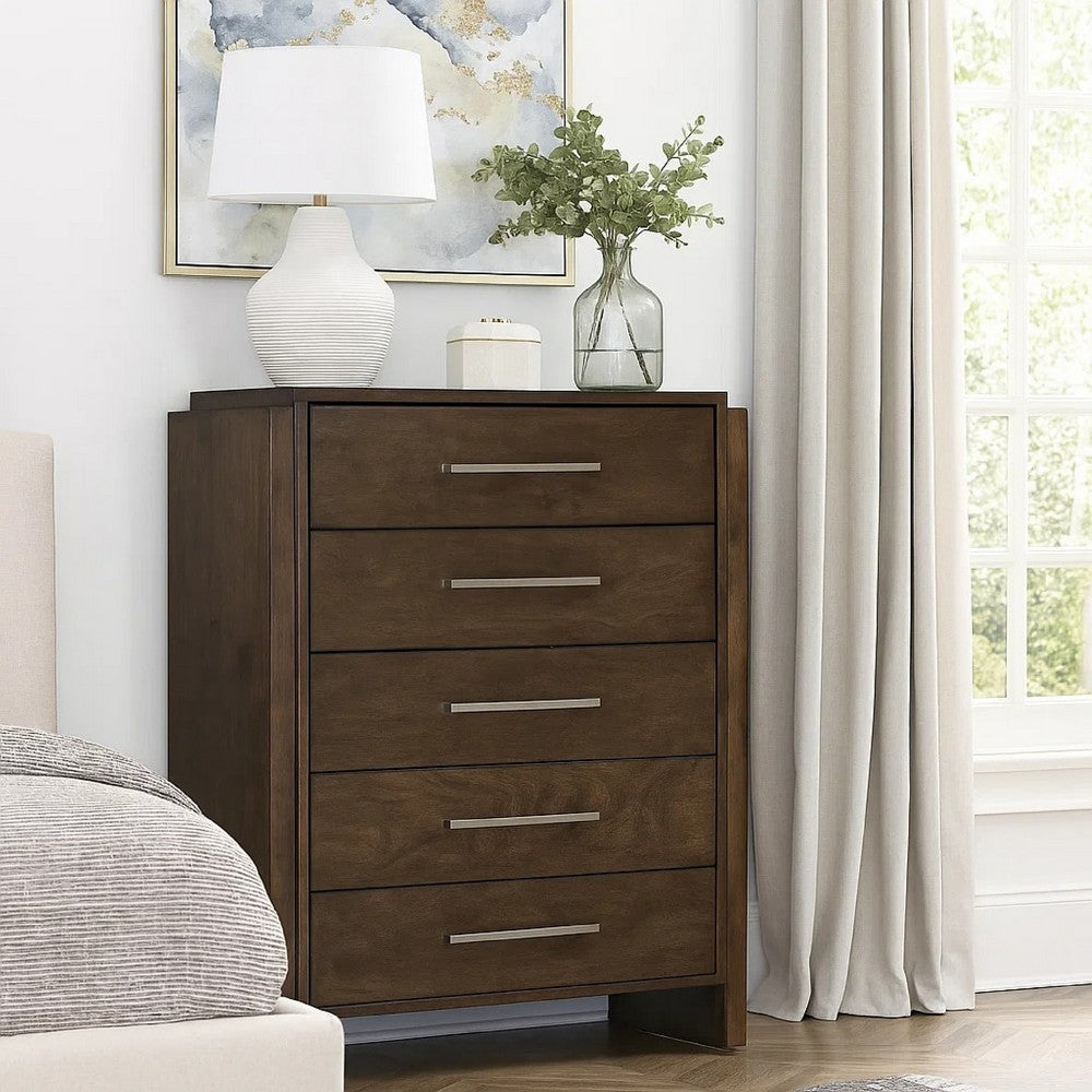 Ema Tall Dresser Chest | 5 Drawers w Chrome Handles | Dark Walnut Brown