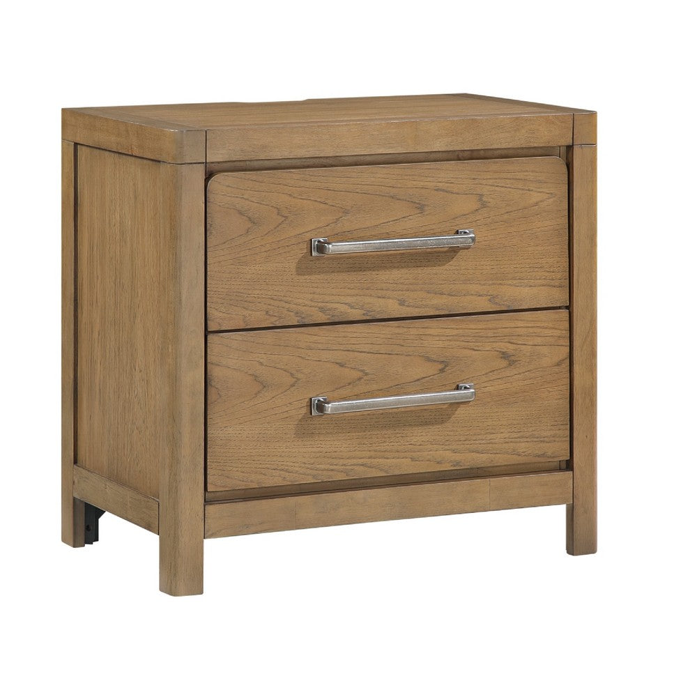 Cery Nightstand | 2 Drawer w Pewter Bar Handles & USB C Port | Brown