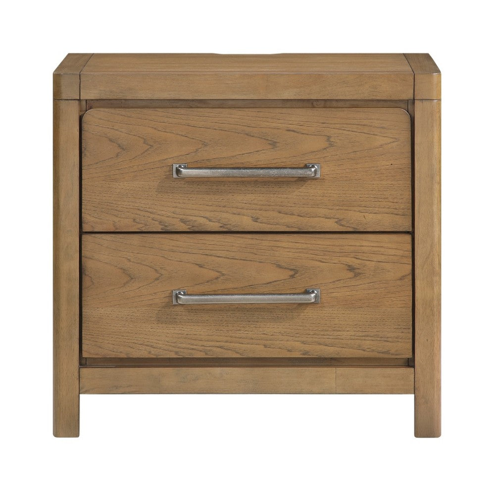 Cery Nightstand | 2 Drawer w Pewter Bar Handles & USB C Port | Brown