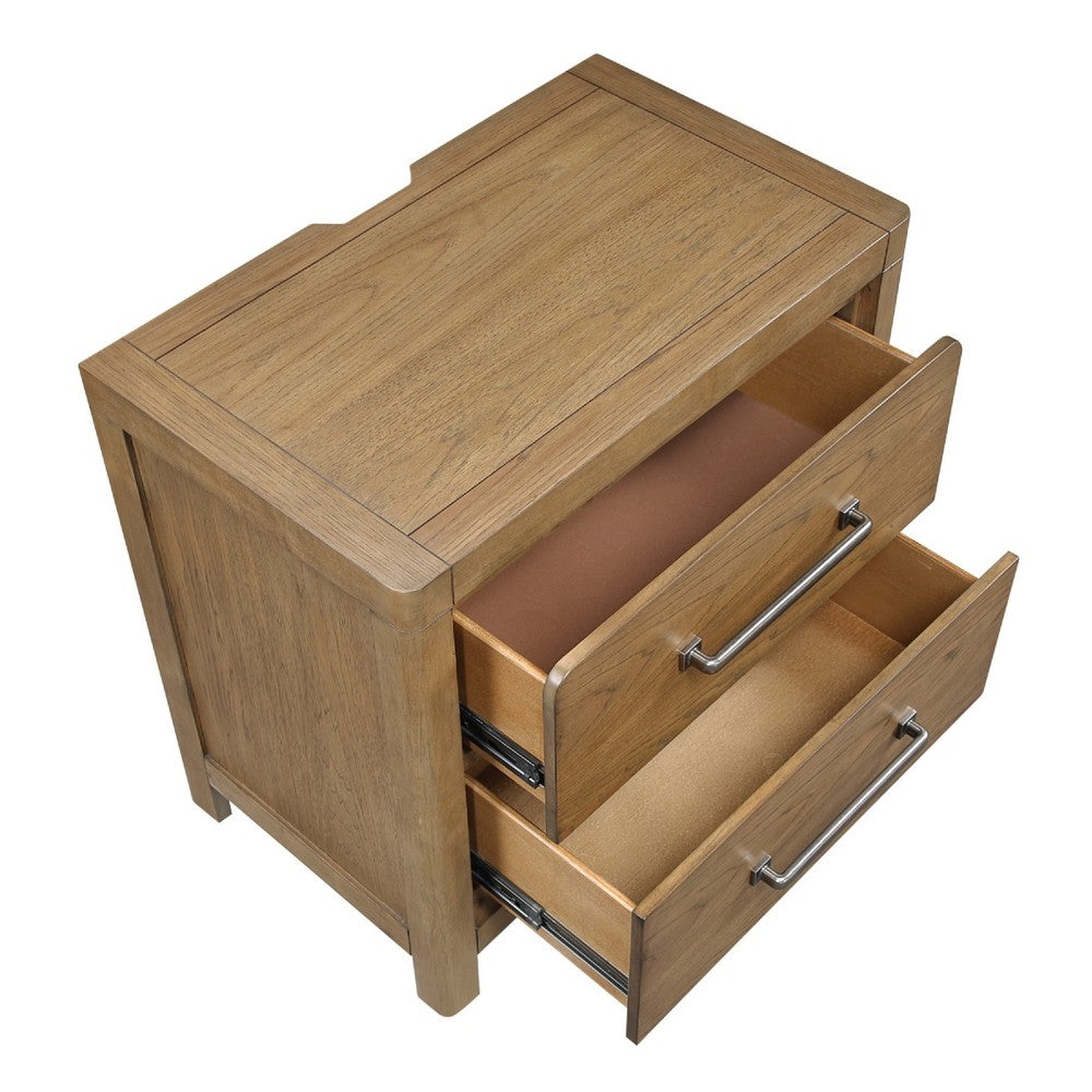 Cery Nightstand | 2 Drawer w Pewter Bar Handles & USB C Port | Brown