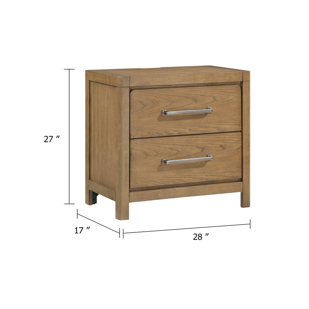 Cery Nightstand | 2 Drawer w Pewter Bar Handles & USB C Port | Brown