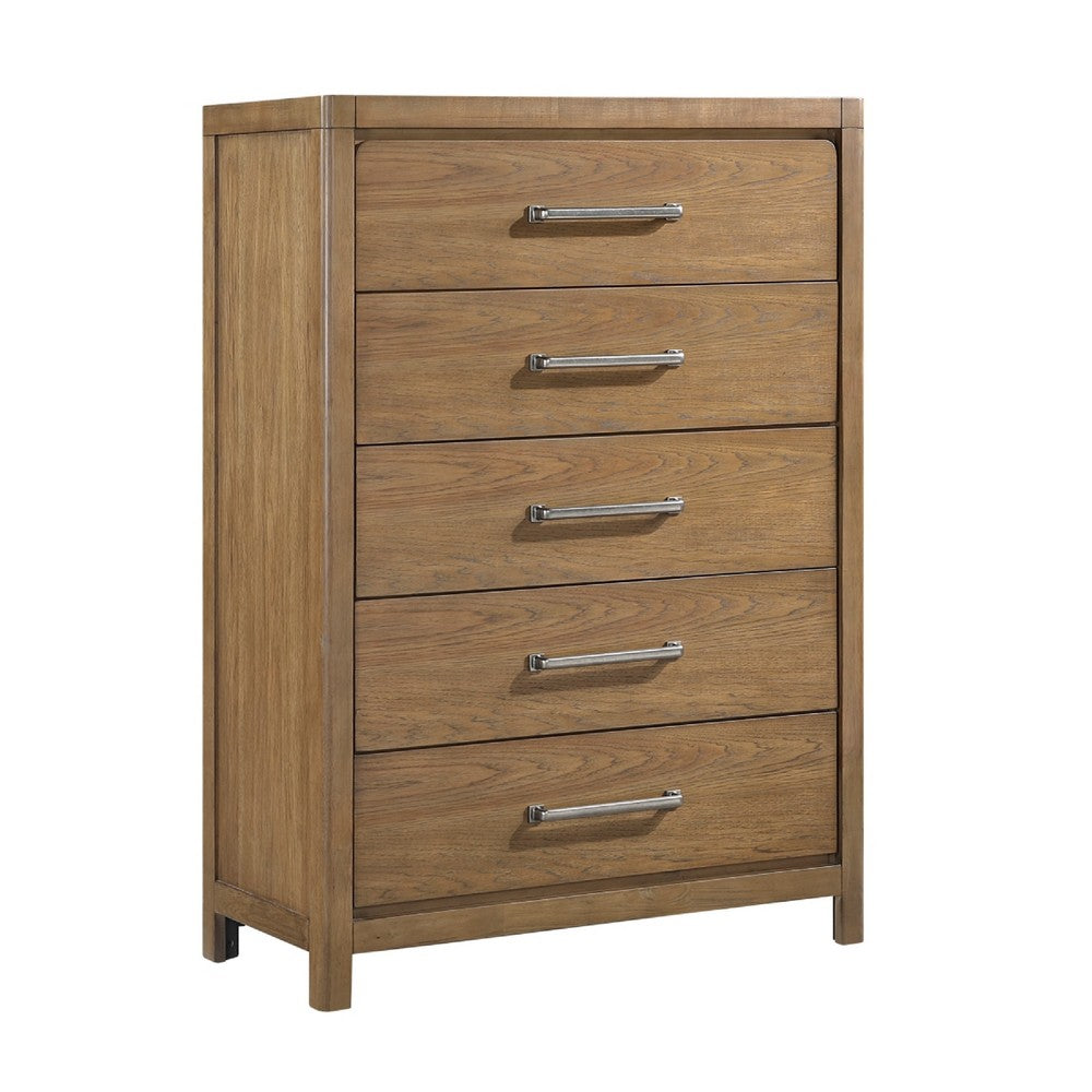 Cery Tall Dresser Chest | 5 Drawer w Pewter Bar Handles | Brown