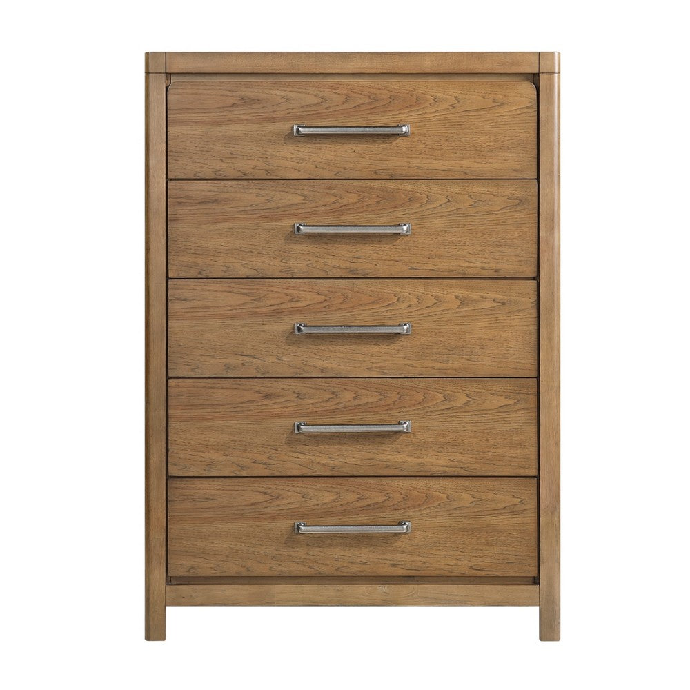 Cery Tall Dresser Chest | 5 Drawer w Pewter Bar Handles | Brown