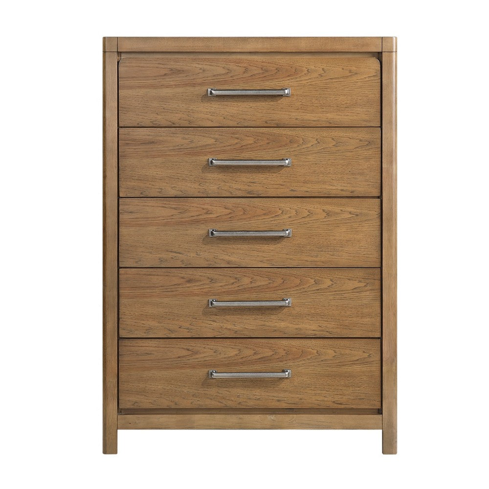 Cery Tall Dresser Chest | 5 Drawer w Pewter Bar Handles | Brown