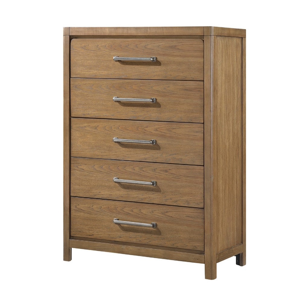 Cery Tall Dresser Chest | 5 Drawer w Pewter Bar Handles | Brown