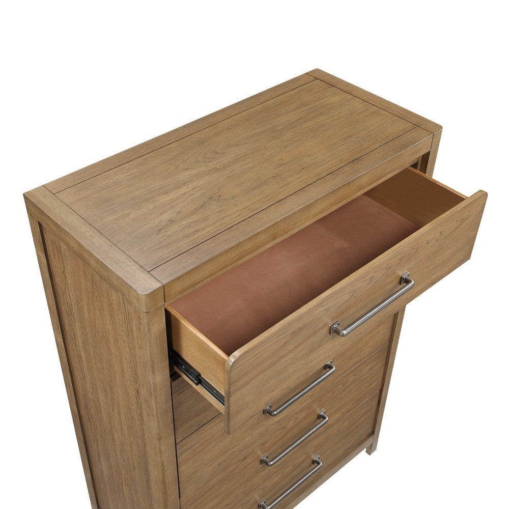 Cery Tall Dresser Chest | 5 Drawer w Pewter Bar Handles | Brown