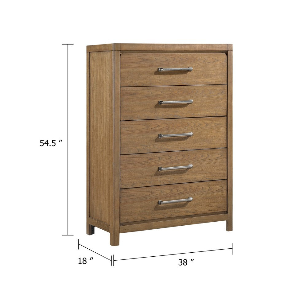 Cery Tall Dresser Chest | 5 Drawer w Pewter Bar Handles | Brown