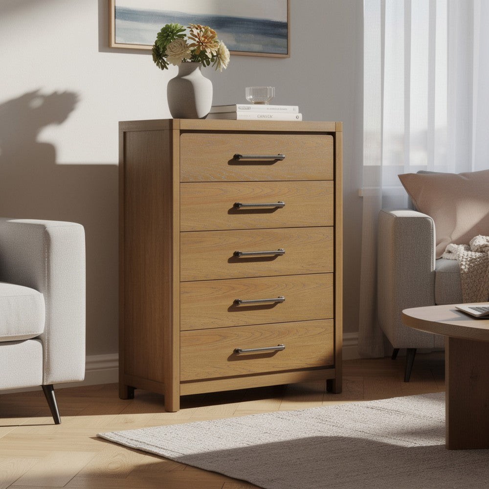 Cery Tall Dresser Chest | 5 Drawer w Pewter Bar Handles | Brown