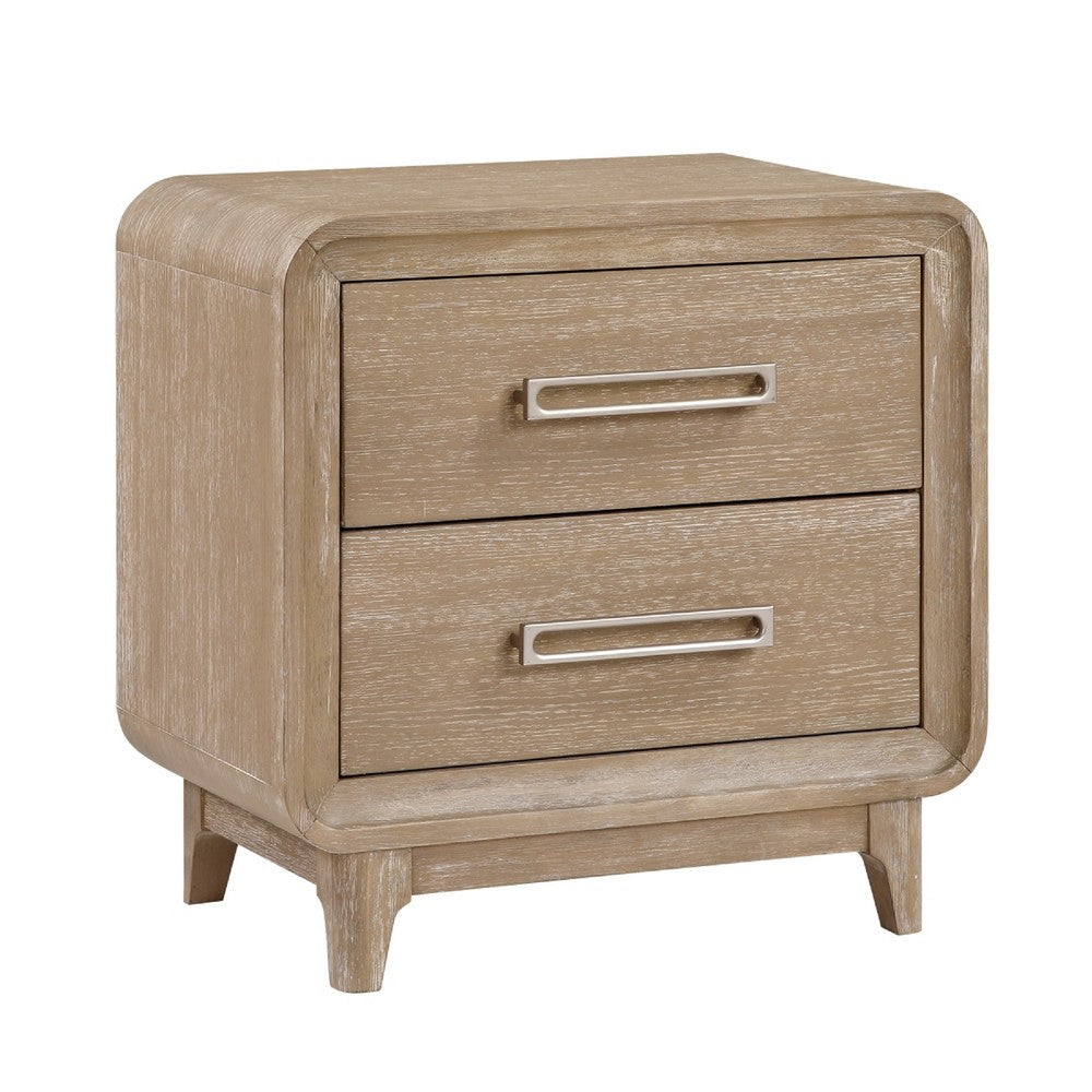 Wily Retro Nightstand | 2 Drawers w Nickel Bar Handles | Natural Brown