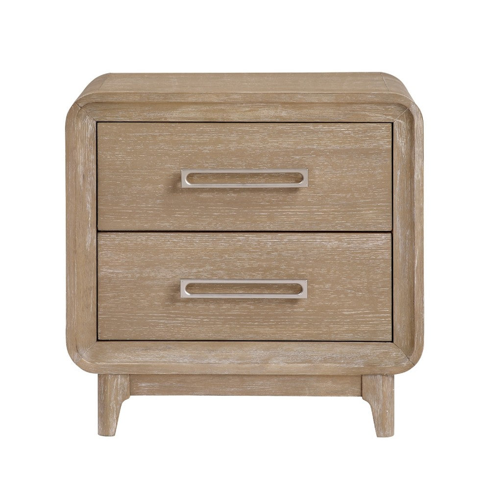 Wily Retro Nightstand | 2 Drawers w Nickel Bar Handles | Natural Brown