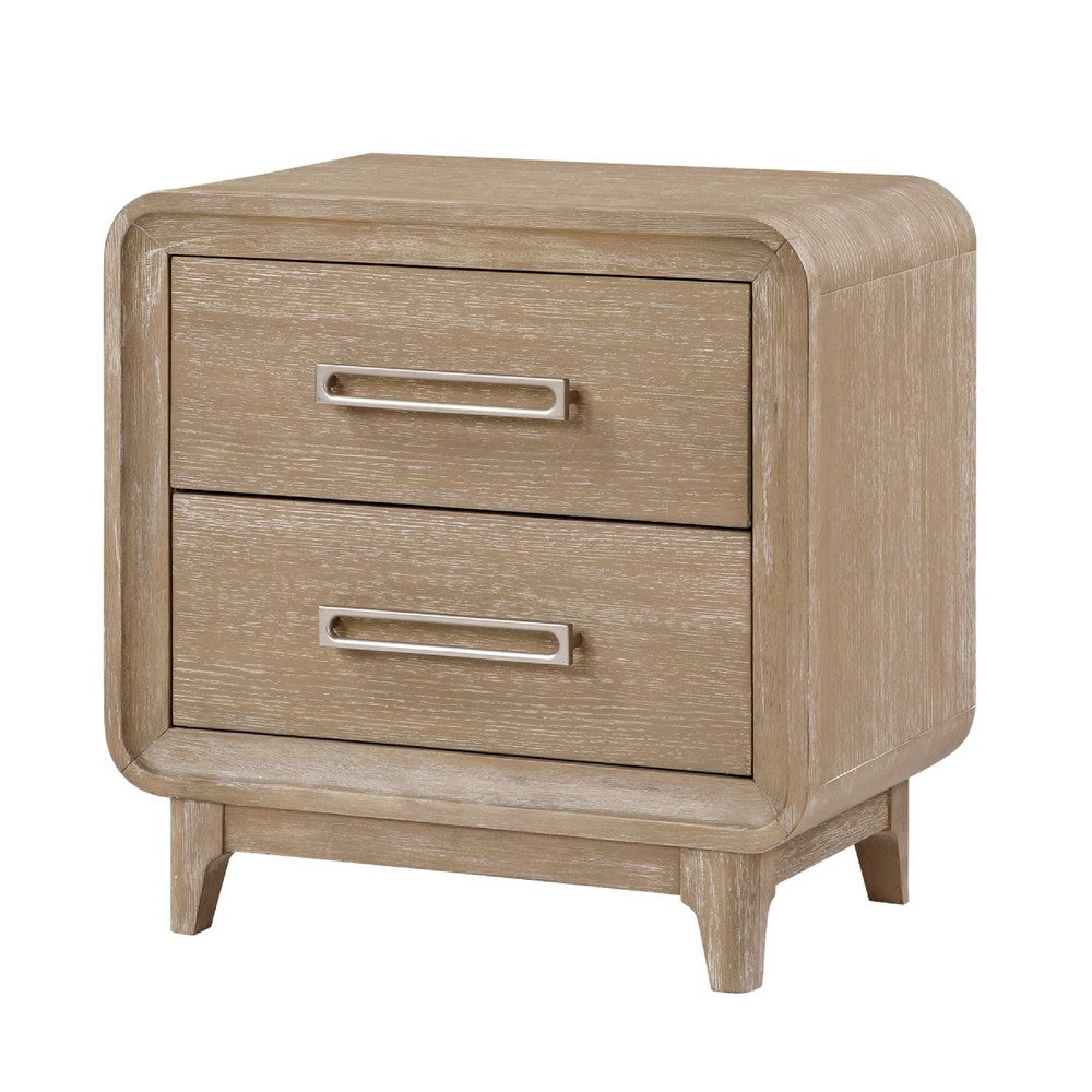 Wily Retro Nightstand | 2 Drawers w Nickel Bar Handles | Natural Brown