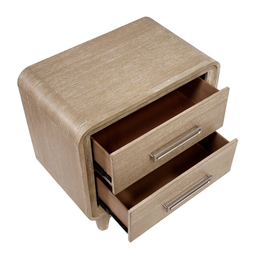 Wily Retro Nightstand | 2 Drawers w Nickel Bar Handles | Natural Brown