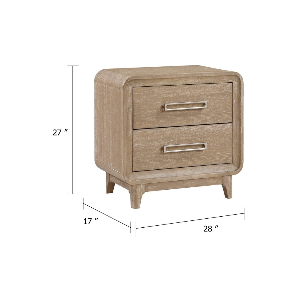 Wily Retro Nightstand | 2 Drawers w Nickel Bar Handles | Natural Brown