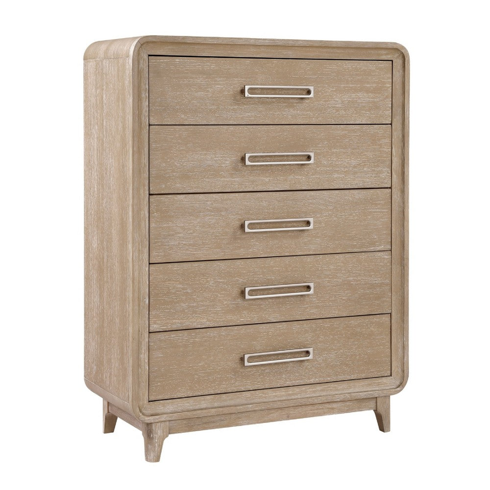 Wily Tall Dresser Chest | 5 Drawers w Nickel Bar Handles | Natural Brown