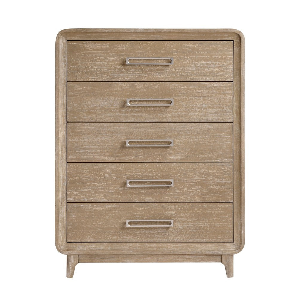 Wily Tall Dresser Chest | 5 Drawers w Nickel Bar Handles | Natural Brown