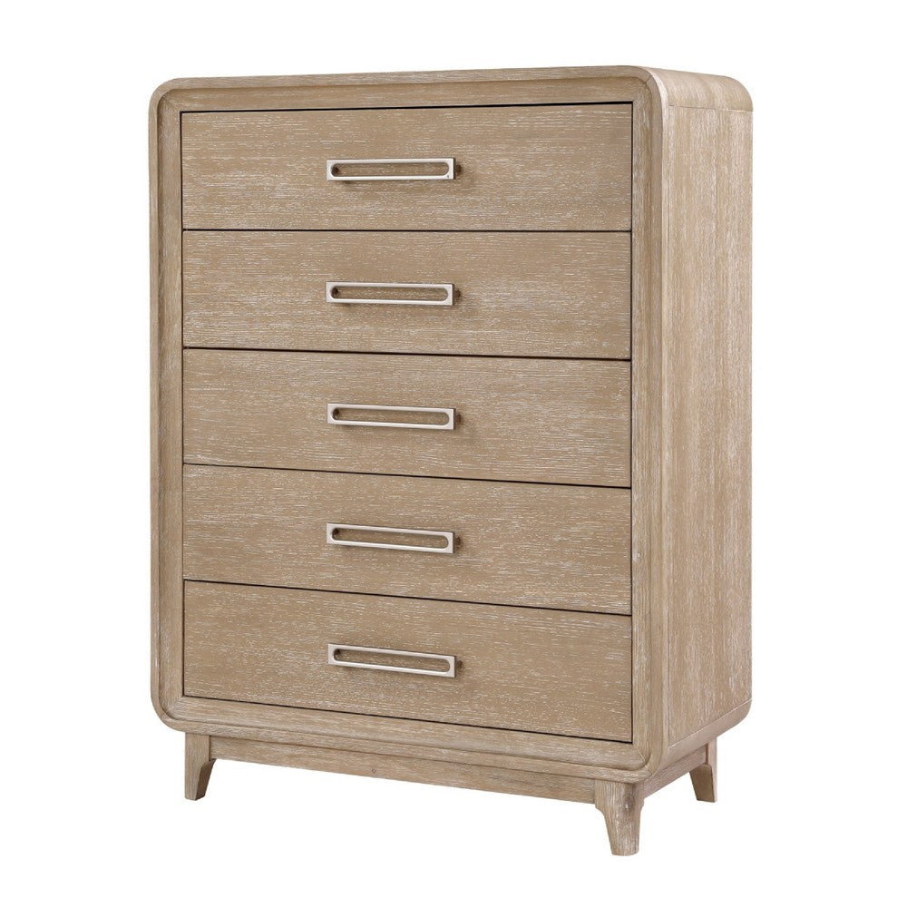 Wily Tall Dresser Chest | 5 Drawers w Nickel Bar Handles | Natural Brown