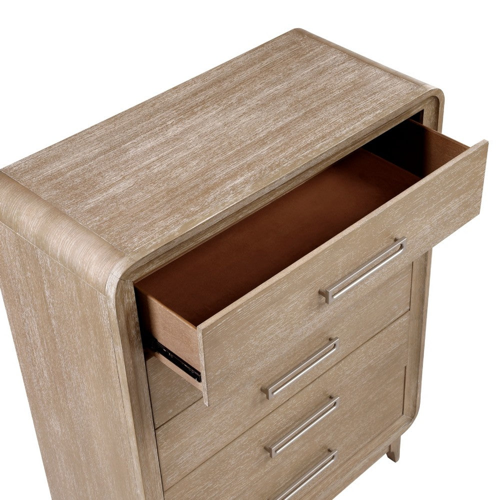 Wily Tall Dresser Chest | 5 Drawers w Nickel Bar Handles | Natural Brown