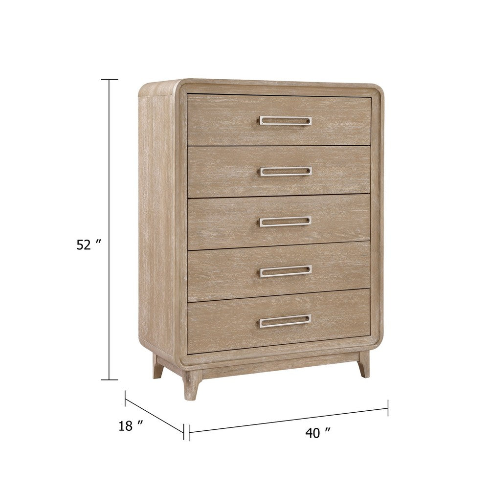 Wily Tall Dresser Chest | 5 Drawers w Nickel Bar Handles | Natural Brown