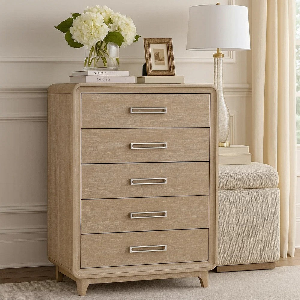 Wily Tall Dresser Chest | 5 Drawers w Nickel Bar Handles | Natural Brown