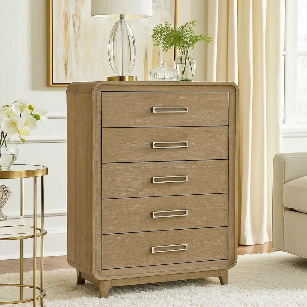 Wily Tall Dresser Chest | 5 Drawers w Nickel Bar Handles | Natural Brown