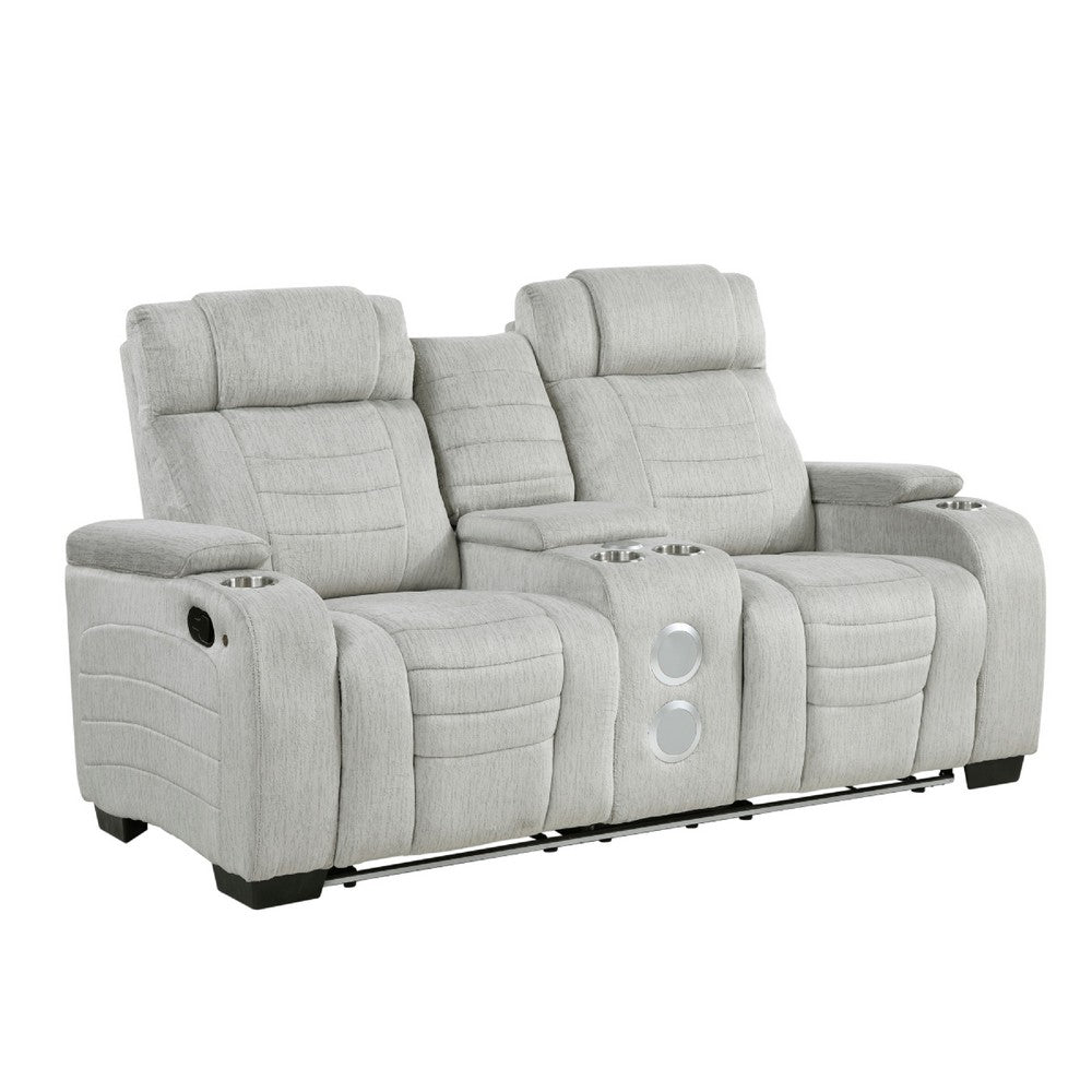 Reny Manual Reclining Loveseat w Center Console | LED Base | Light Gray