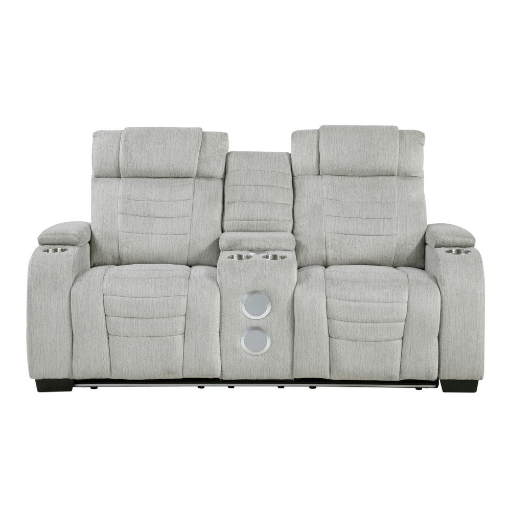Reny Manual Reclining Loveseat w Center Console | LED Base | Light Gray