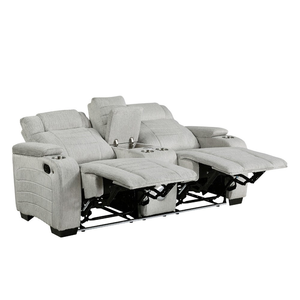 Reny Manual Reclining Loveseat w Center Console | LED Base | Light Gray