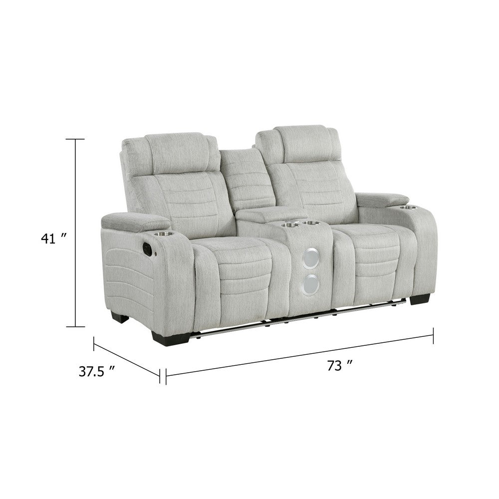 Reny Manual Reclining Loveseat w Center Console | LED Base | Light Gray