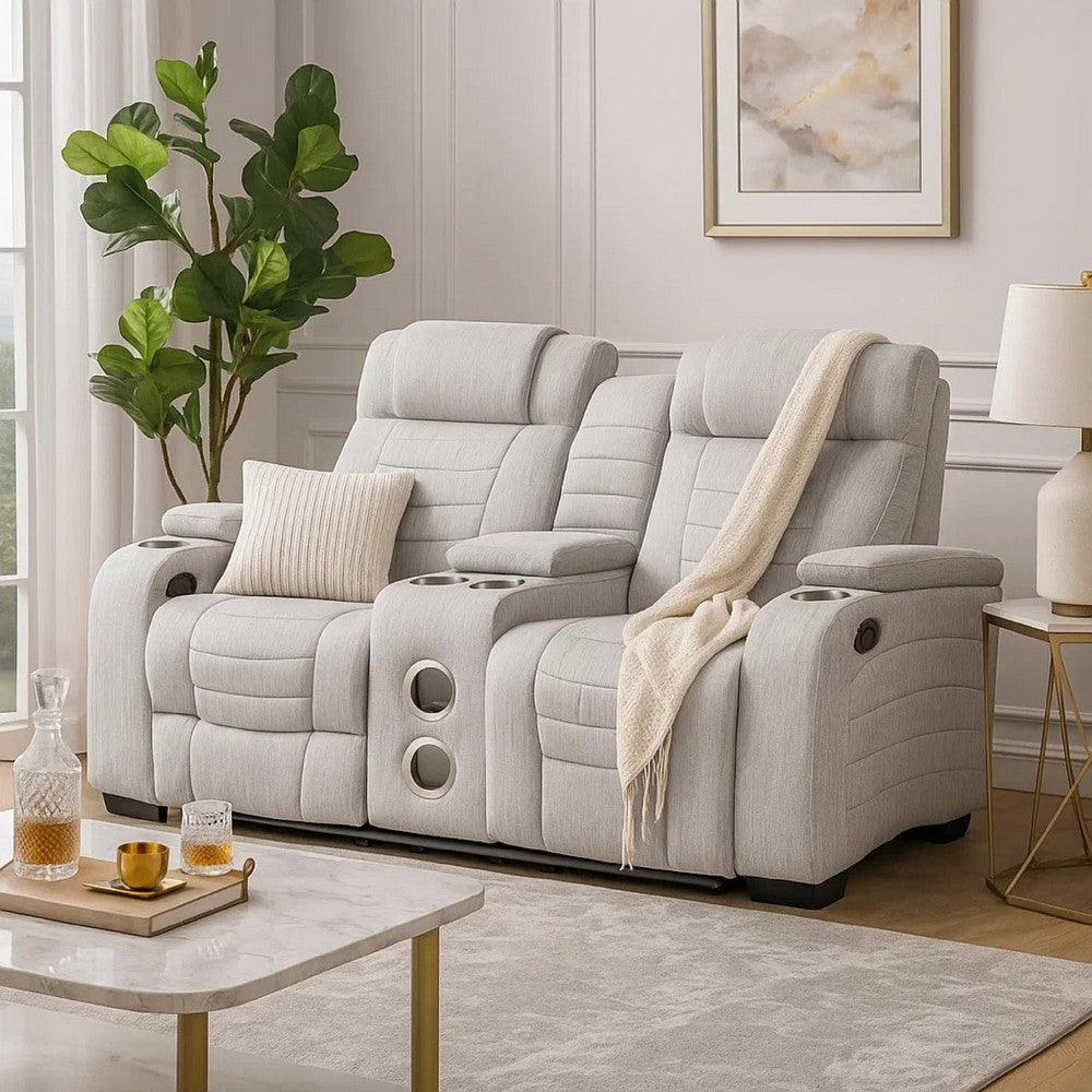 Reny Manual Reclining Loveseat w Center Console | LED Base | Light Gray