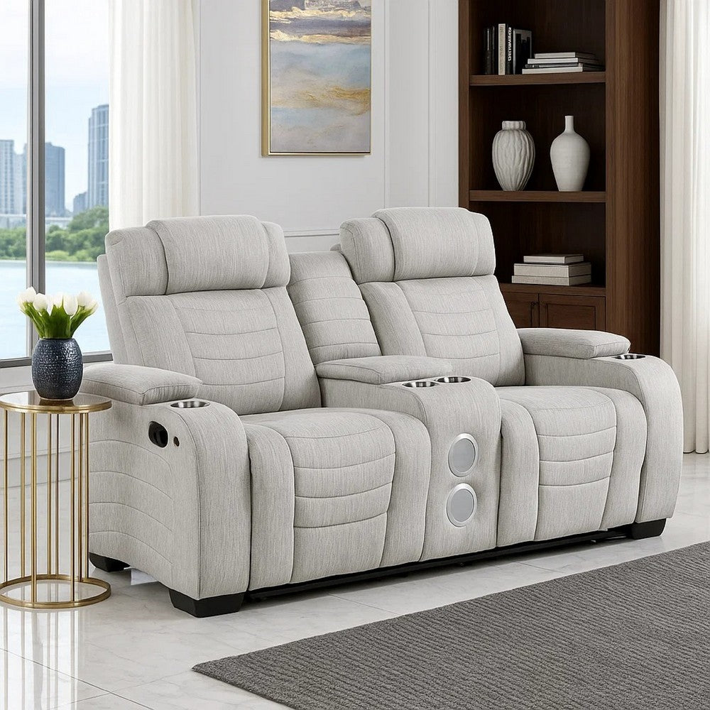 Reny Manual Reclining Loveseat w Center Console | LED Base | Light Gray