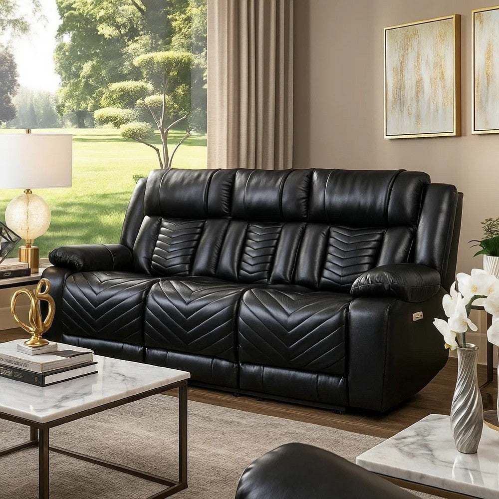 Hem Power Reclining Sofa w Drop Down Cupholders | Black Faux Leather