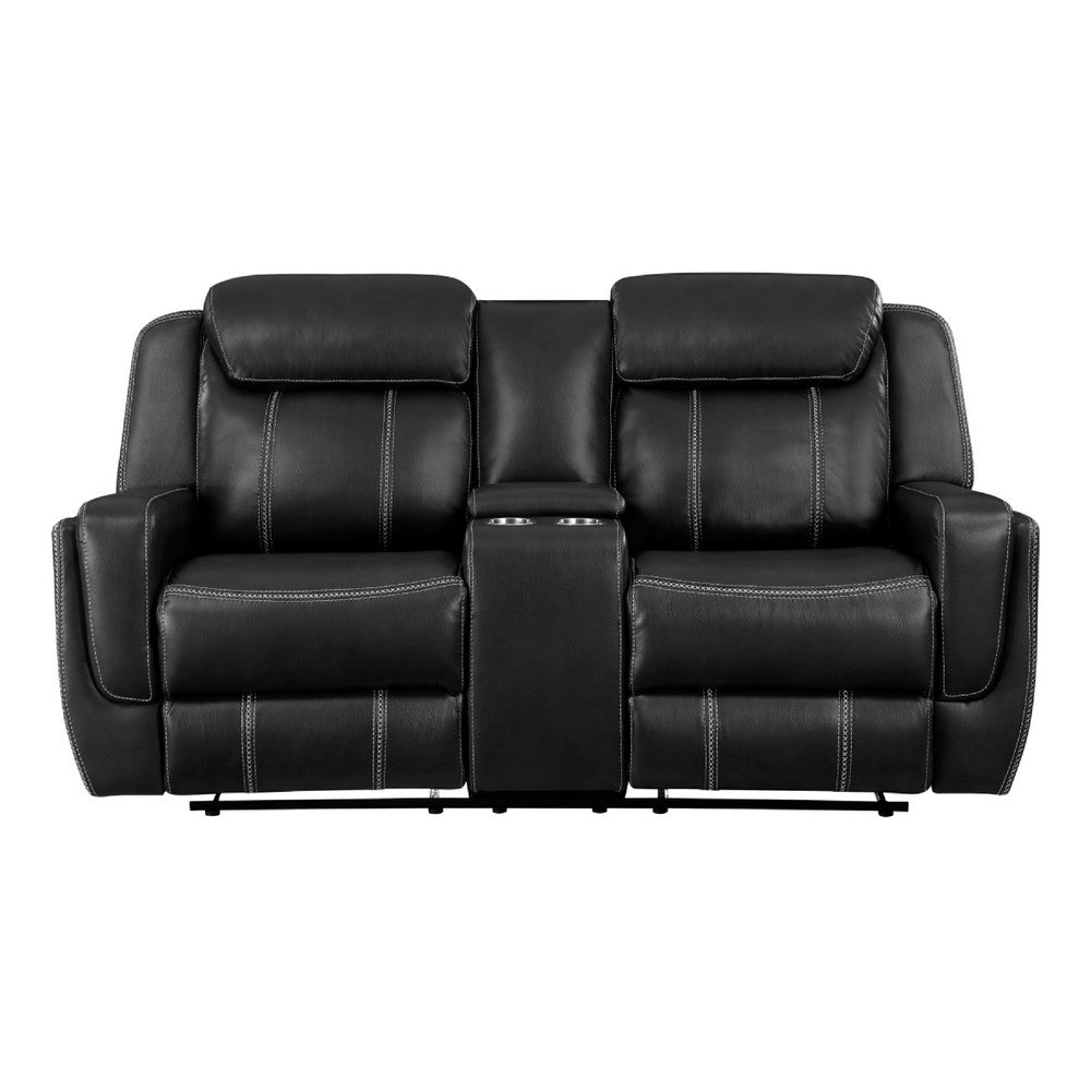 Lety Manual Reclining Loveseat w Center Console | Black Faux Leather