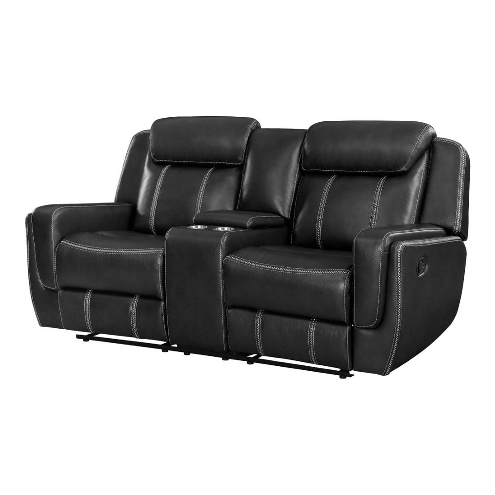 Lety Manual Reclining Loveseat w Center Console | Black Faux Leather