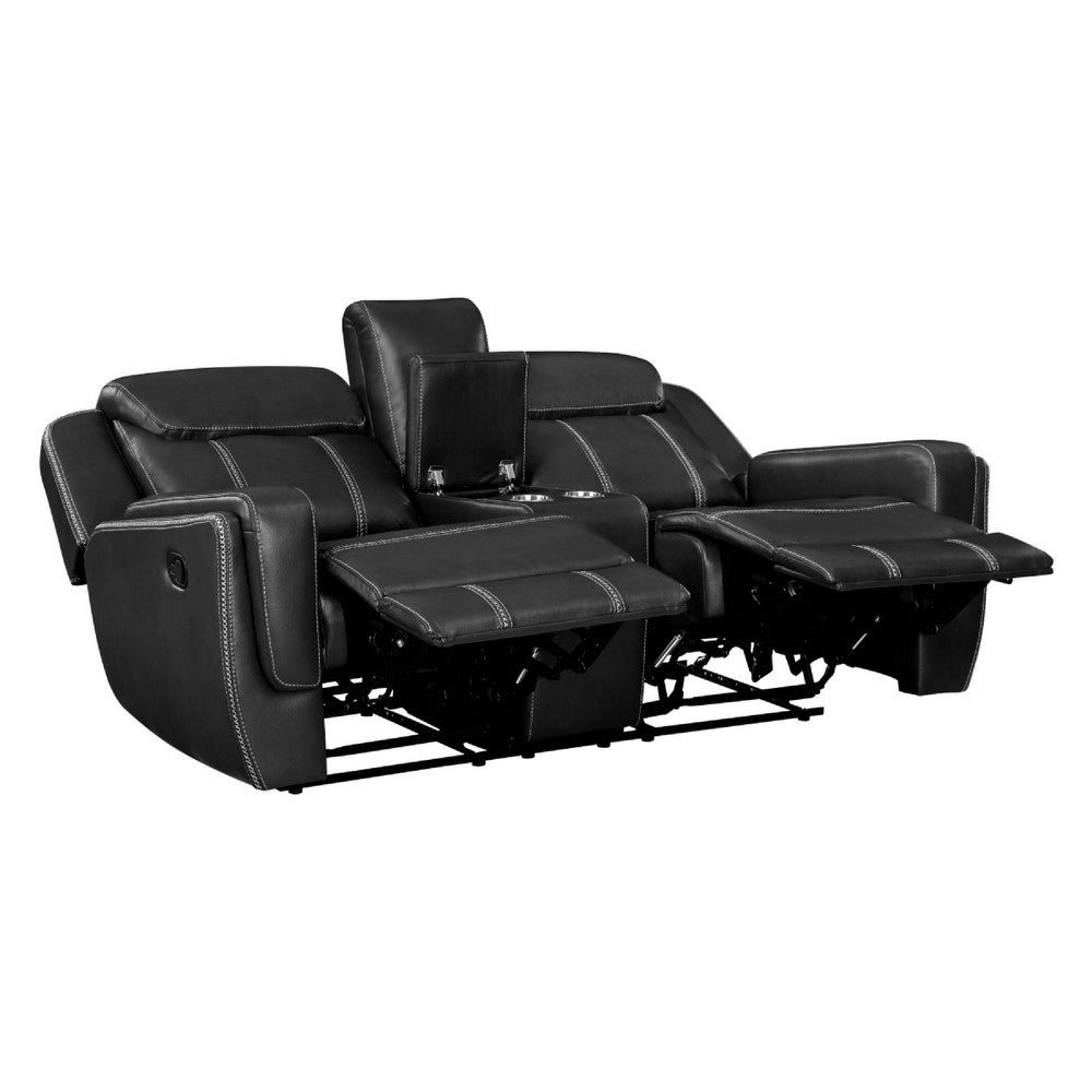 Lety Manual Reclining Loveseat w Center Console | Black Faux Leather