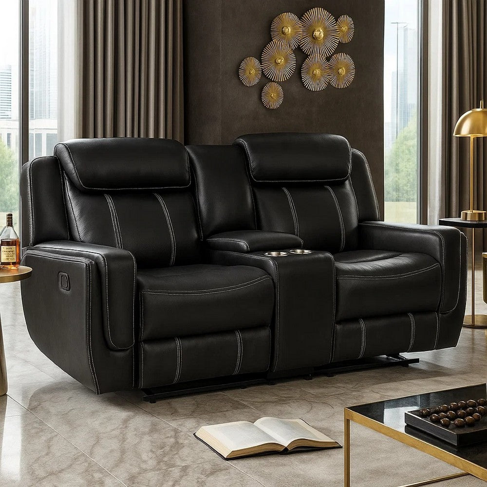 Lety Manual Reclining Loveseat w Center Console | Black Faux Leather