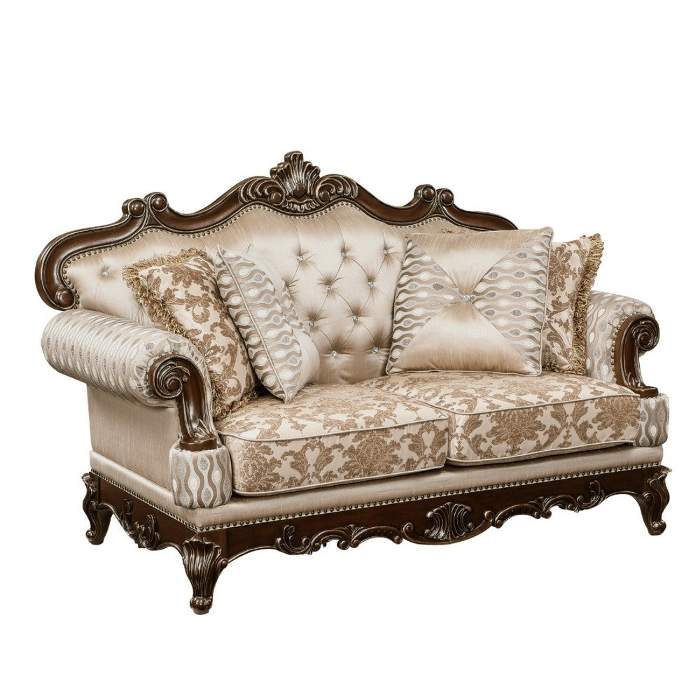 Hesar Loveseat | 4 Pillows | Vintage Style Chenille Tufted | Cherry Brown Wood